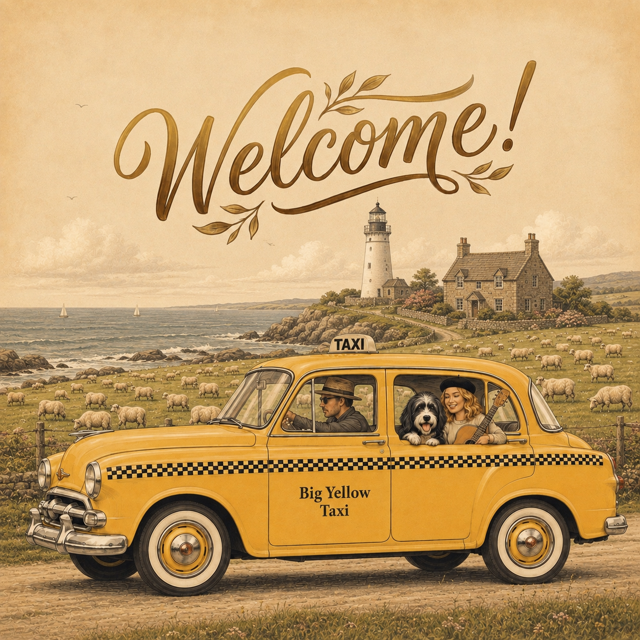 Illustration of a big yellow taxi carrying a driver, a shaggy dog, and a woman with a guitar, with Welcome! written above