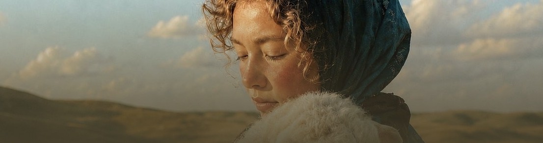 Avigail in a blue headscarf holding a lamb close on a misty prairie hillside